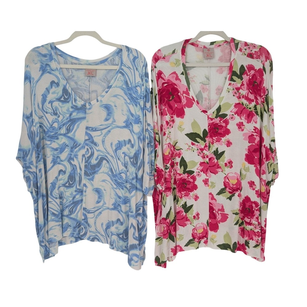 Laurie Felt V-Neck Tunic Tops‎ M/L Blue Pink Floral Marble Coastal Boho Set of 2